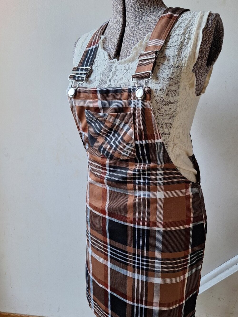 Stretchy Overalls Dress Streetwear Society Plaid Farmer Country Schoolgirl